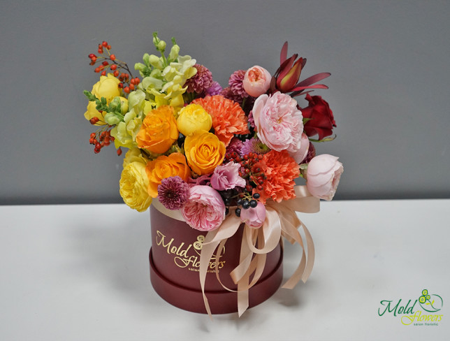 Burgundy Box with Yellow and Pink Roses photo